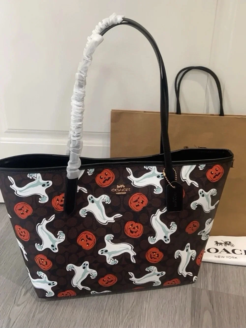 Coach Brown Halloween Ghost & Pumpkin Print Tote with Black Handles
